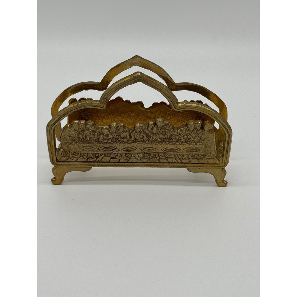 Vintage Brass Last Supper Napkin Holder Religious Letter Caddy Da Vinci 4.5"